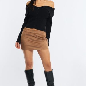 Beige Suede Mini Skort Skirt Mid Rise Faux Leather