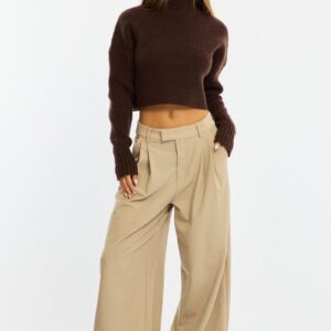 Beige Wide Leg Pants Mid Rise Tailoring