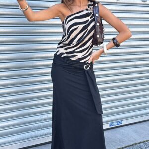 Ally Fashion Black A-line Maxi Skirt Elastic Waist Buckle Tie Detail