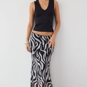 Ally Fashion Black Animal Print Midi Skirt Mid Rise Chiffon Lined Black Animal Print Midi Skirt Mid Rise Chiffon Lined