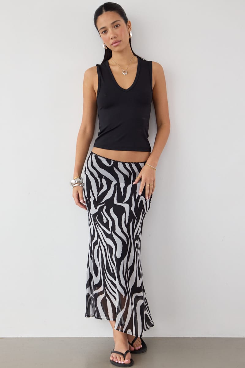 Ally Fashion Black Animal Print Midi Skirt Mid Rise Chiffon Lined