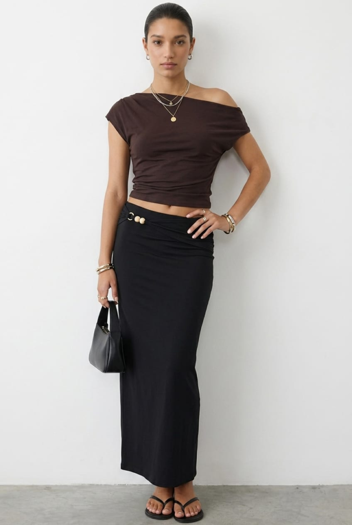 Black Beaded Maxi Skirt Elastic Waist Winter Jersey