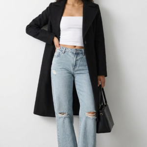 Black Belted Coat Knee Length Long Sleeve Ally Fashion