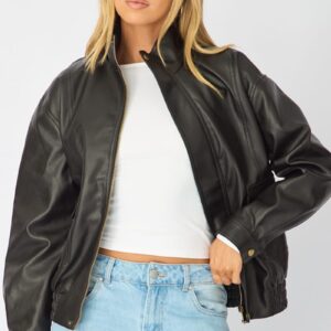 Ally Fashion Black Bomber Jacket Washed Faux Leather Black Bomber Jacket Washed Faux Leather
