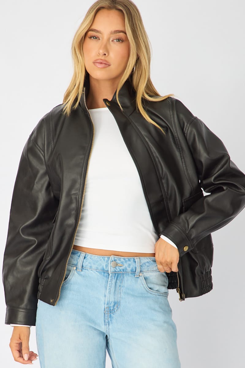 Ally Fashion Black Bomber Jacket Washed Faux Leather