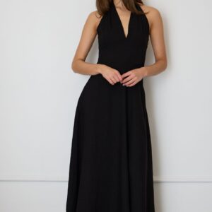 Black Brown Polka Dot Maxi Dress Halter Neck