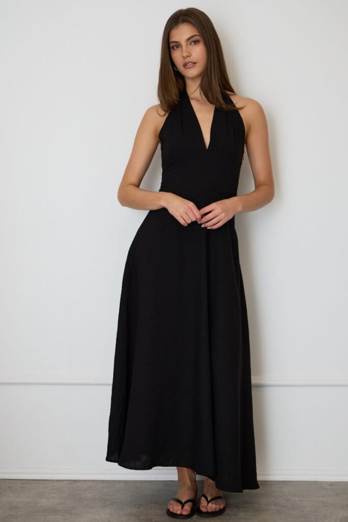 Black Brown Polka Dot Maxi Dress Halter Neck