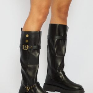 Black Buckle Detail Biker Boots