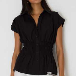 Ally Fashion Black Buttoned Collar Shirt Shirred Waistline