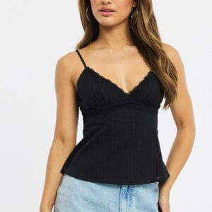 Black Cami Sleeveless V-neck Lace Detail Cotton