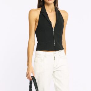 Black Collared Front Zip Halter Top