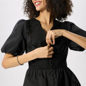 Black Cotton Broderie V Neck Blouse