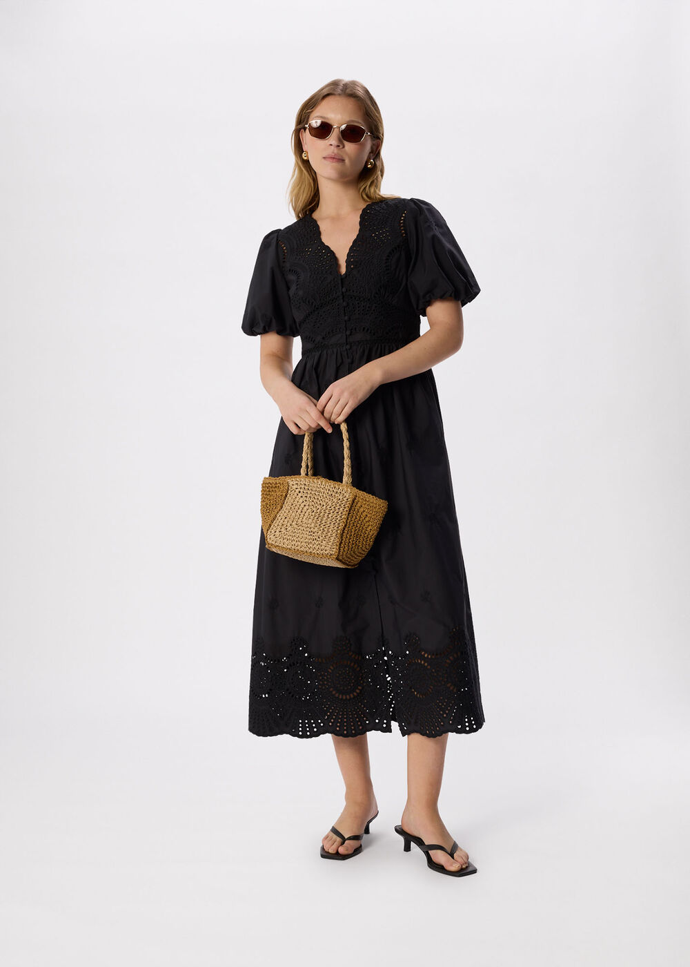 Black Cotton Broderie V Neck Dress - Image 2