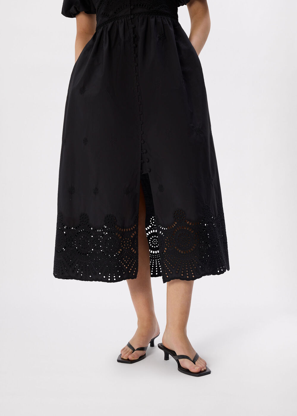 Black Cotton Broderie V Neck Dress - Image 3