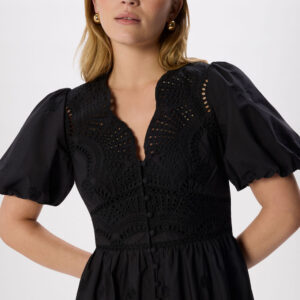 Black Cotton Broderie V Neck Dress