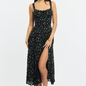 Black Ditsy Midi Dress Gathered Bust