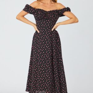 Black Ditsy Midi Dress Puff Sleeve