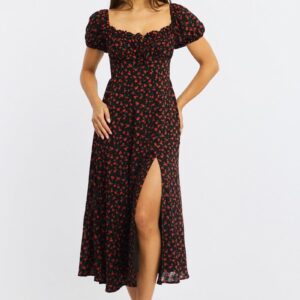 Black Ditsy Midi Dress Puff Sleeve