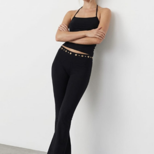 Black Flare Leg Pants Stud Waist