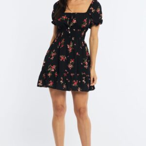 Black Floral Fit And Flare Dress Puff Sleeve