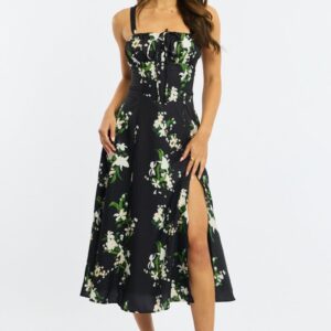 Black Floral Midi Dress Gathered Bust