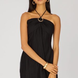Black Halter Mini Dress with Gathered Ring Detail | Ally Fashion