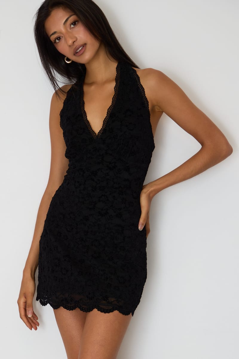 Ally Fashion Black Halter Neck Dress Mini Lace