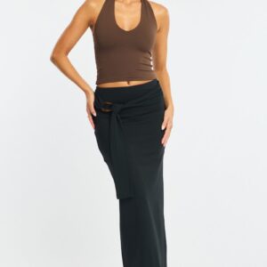 Black Hardware Maxi Skirt Mid Rise Side Split Lined