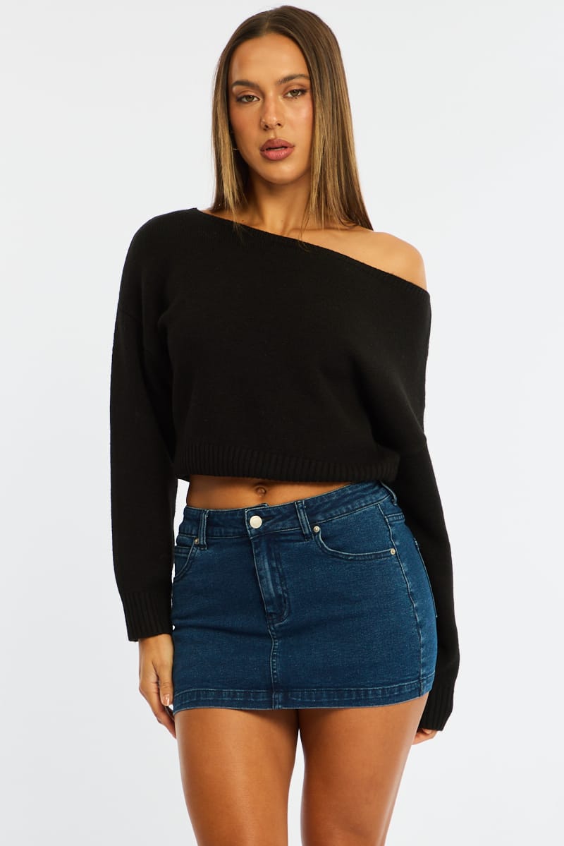 Ally Fashion Black Knit Top Off Shoulder Long Sleeve