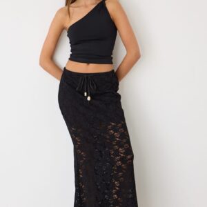 Ally Fashion Black Lace Maxi Skirt Elasticated Waist Fit & Flare