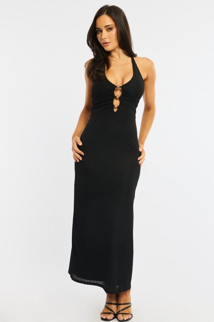 Ally Fashion Black Maxi Dress Beading Trim Textured Fabric: A Sleek Evening Look with Subtle Detail Black Maxi Dress Beading Trim Textured Fabric