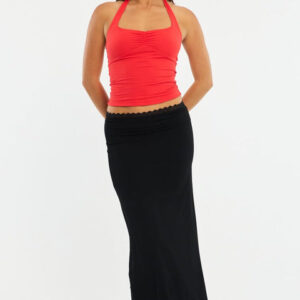 SMALL ACREAGE PTY LTD Black Maxi Skirt Elastic Waist Lace Trim Detail Lined Black Maxi Skirt Elastic Waist Lace Trim Detail Lined