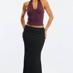 Black Maxi Skirt Elasticated Waist Textured Half Lined