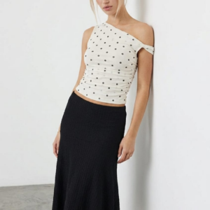 Black Midi Skirt Elastic Waist Textured Lined