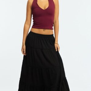 Black Midi Skirt Tiered Elastic Waist Textured Cotton