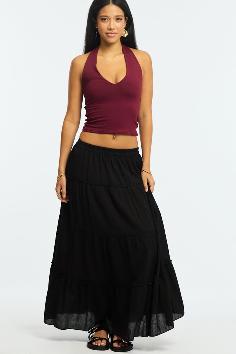 Ally Fashion Black Midi Skirt Tiered Elastic Waist Textured Cotton