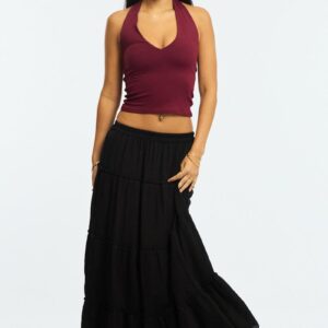 Black Midi Skirt Tiered High Rise Lined Textured Cotton