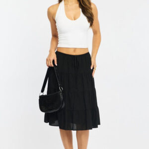 SHAOXING YICHUANG TRADING CO., Black Midi Tiered Skirt Mid Rise Lined Black Midi Tiered Skirt Mid Rise Lined