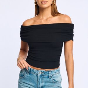 Black Off-Shoulder Top (JC1990A-700W): A Simple Going-Out Top With a Soft, Ruched Finish Black Off Shoulder Top