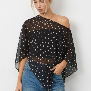 Black Polka Dot Chiffon Poncho Off Shoulder Polka Dot
