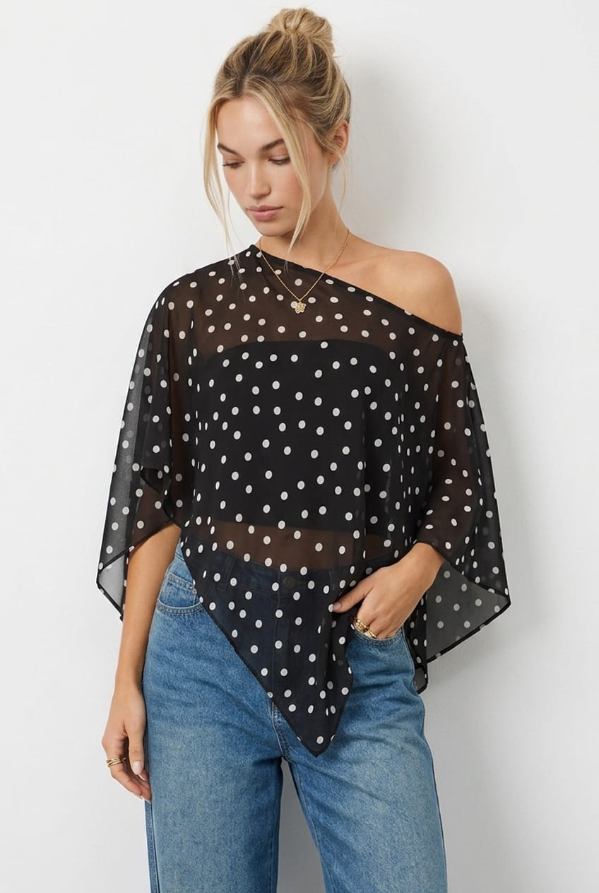 Ally Fashion Black Polka Dot Chiffon Poncho Off Shoulder Polka Dot
