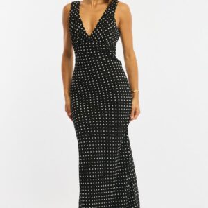 Black Polka Dot Maxi Dress V-neck Chiffon