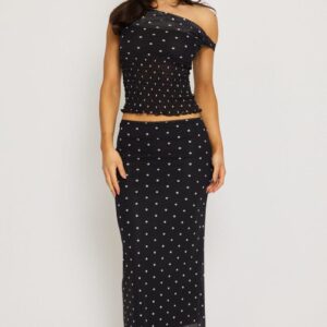 Ally Fashion Black Polka Dot Mesh Skirt Elasticated Picot Trim Midaxi Black Polka Dot Mesh Skirt Elasticated Picot Trim Midaxi