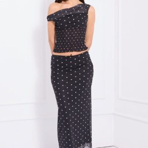 Ally Fashion Black Polka Dot Mesh Skirt Elasticated Picot Trim Midaxi Black Polka Dot Mesh Skirt Elasticated Picot Trim Midaxi