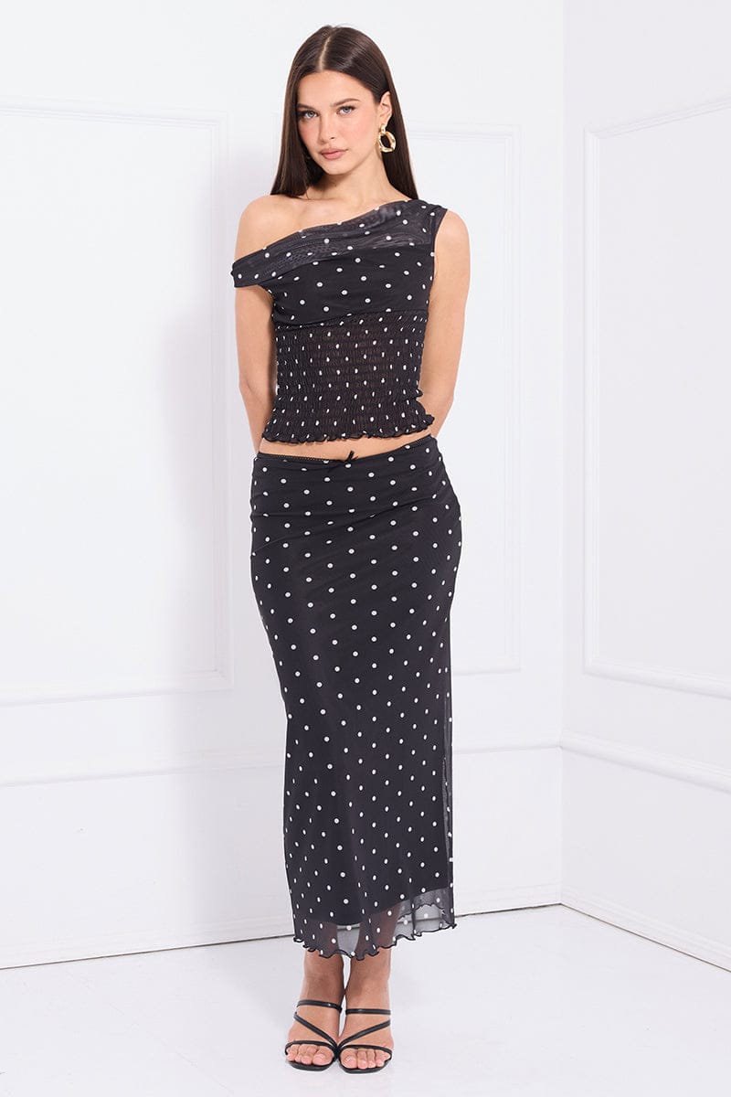 Ally Fashion Black Polka Dot Mesh Skirt Elasticated Picot Trim Midaxi