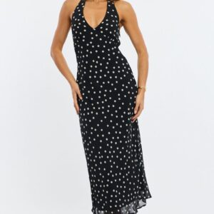 Black Polka Dot Midi Dress Halter Neck