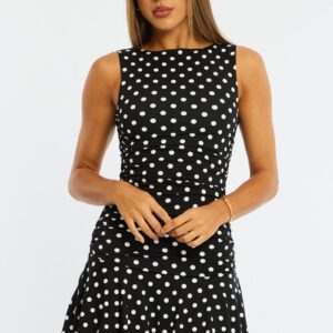 Ally Fashion Black Polka Dot Mini Dress Boat Neck Black Polka Dot Mini Dress Boat Neck