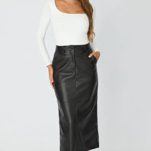 Ally Fashion Black Pu Maxi Skirt Pencil Back Slit Faux Leather