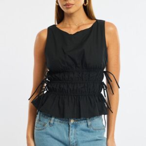 Ally Fashion Black Ruched Top Sleeveless Boat Neck Bow Details Black Ruched Top Sleeveless Boat Neck Bow Details