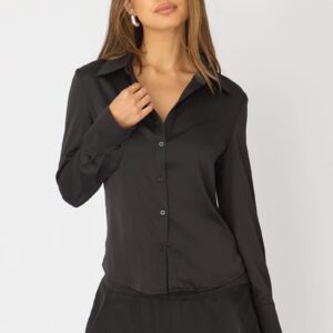 Black Satin Shirt Long Sleeve Collar